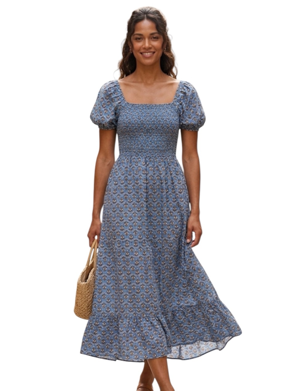 J. Crew Blue Floral Smocked Midi Dress S Cottagecore Puff Sleeve Tiered
X